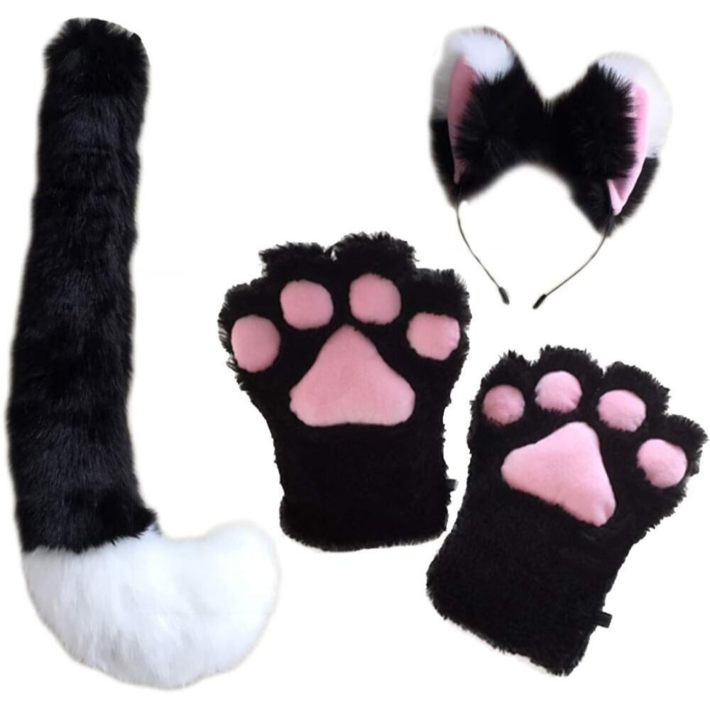 Party Cosplay Fox Ears Faux Fur Headband Tail Paws Set for Adults